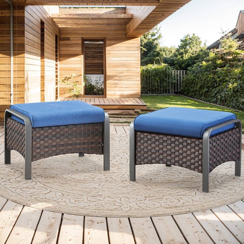 Outdoor PE Wicker Patio Furniture Set - Brown Rattan - Blue Cushion - 2PCS Ottomans