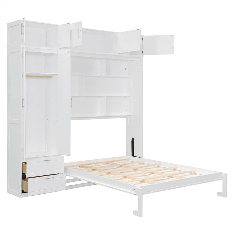Queen Size Murphy Bed Wall Bed with Top Cabinet and Wardrobe, Space Saving Folding Murphy Cabinet Bed with 2 Drawers and Shelves