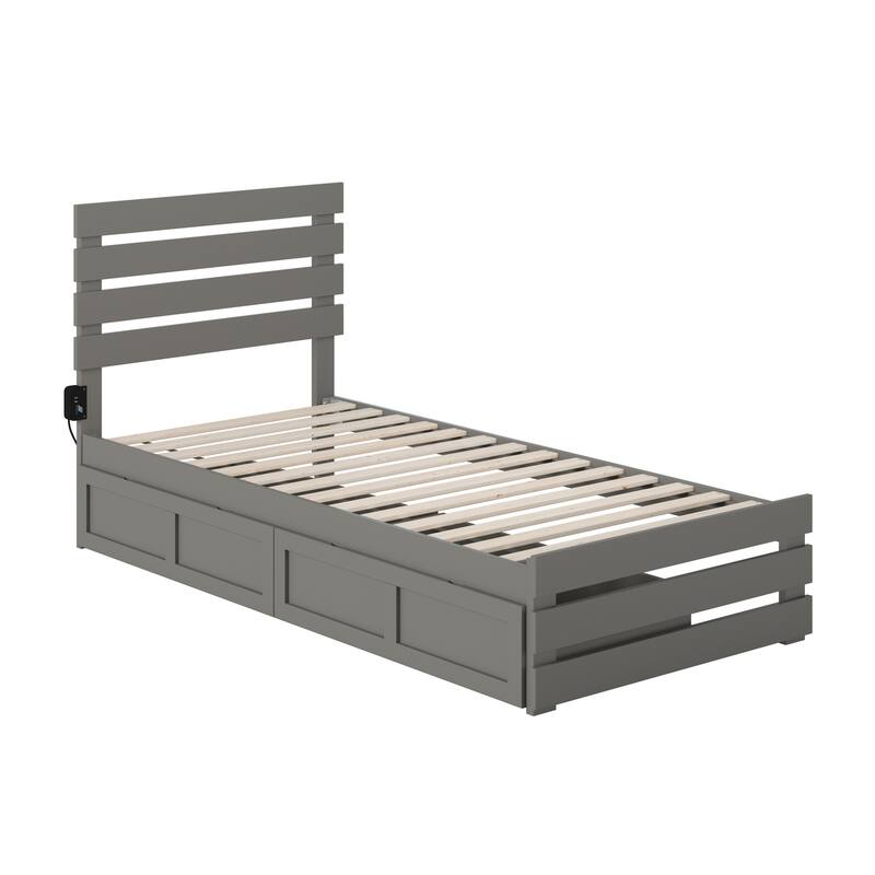 Asian Twin XL Bed with Footboard & USB Charger - Grey Platform Trundle Bed Frame