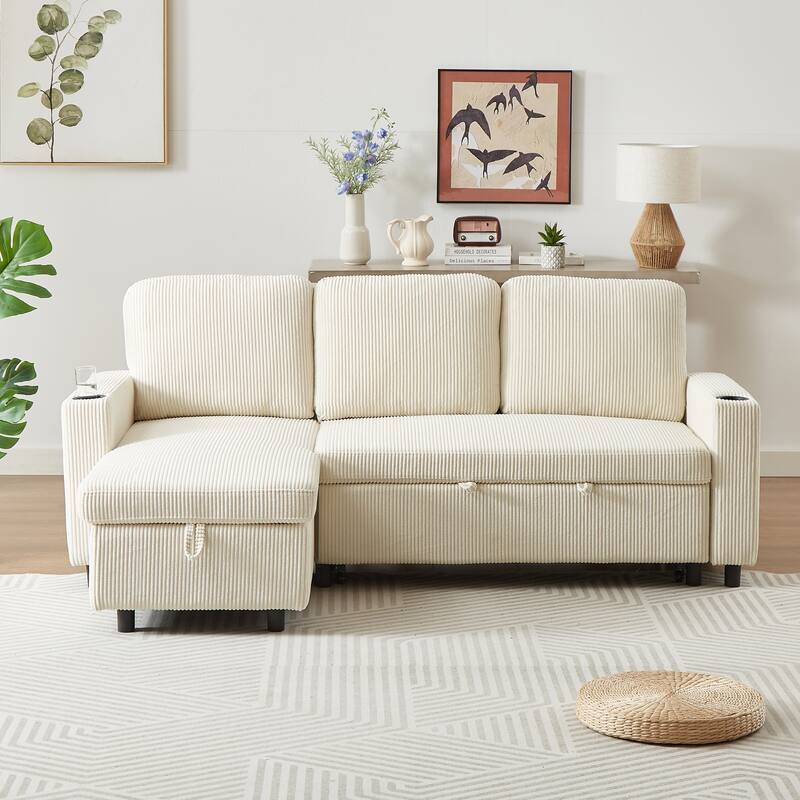 L-Shaped Corduroy Sofa Bed with Pull-Out Sleeper, Reversible Design