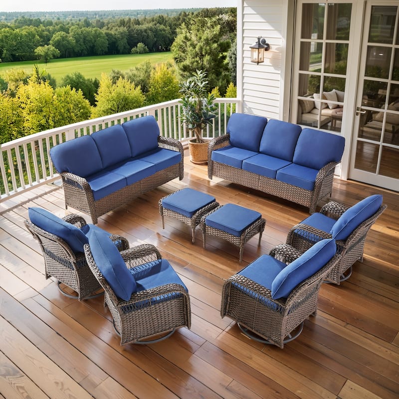 Pocassy Patio Outdoor Sofa Ottoman with Swivel Chair Table Funiture Set. - Brown Wicker Blue Cushion - 8-Piece Sofa Swivel Chair with Ottoman