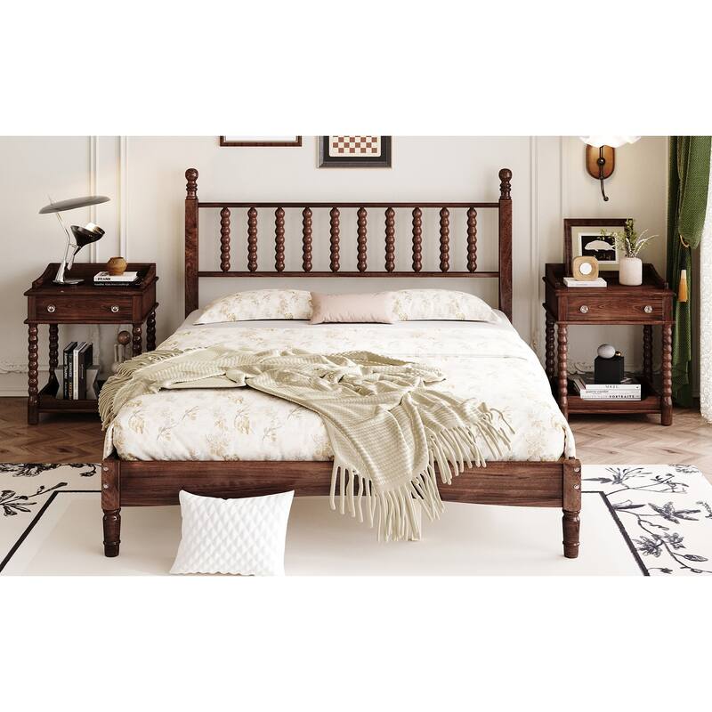 Queen Size Wood Platform Bed with Gourd-Shaped Headboard, Retro Style, Wooden Slat Support, Walnut Finish