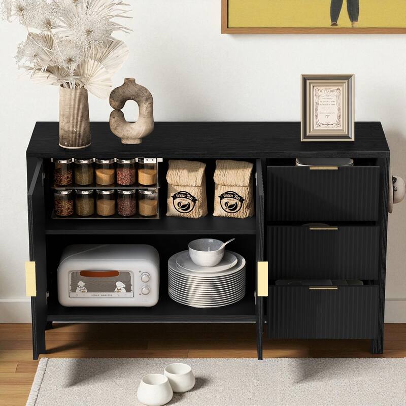Modern Wave-Pattern Sideboard with 3 Drawers, Buffet Cabinet with Hooks & Center Leg for Living Room or Entryway