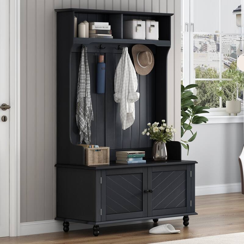 40'' Entryway Bench 3-in-1 Design with 4 Hooks, Coat Hanger and Storage Bench - Black