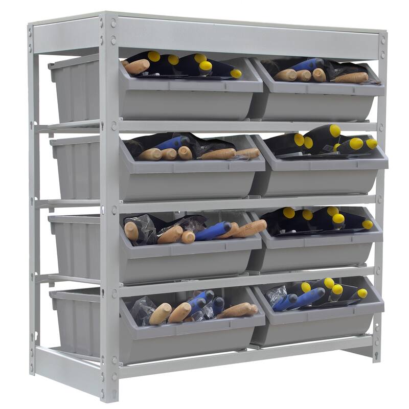 King's Rack Bin Rack Boltless Steel Storage System Organizer w/ 8 Plastic Bins in 4 tiers.