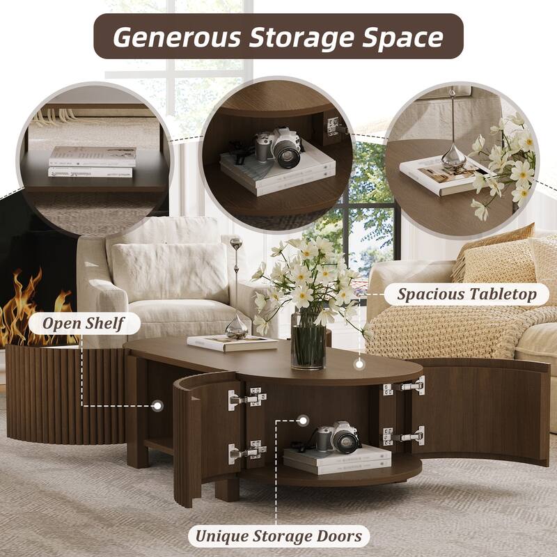 47" Oval Fluted Coffee Table with Storage, Rubber Wood, 1 Shelf & 2 Doors - Walnut