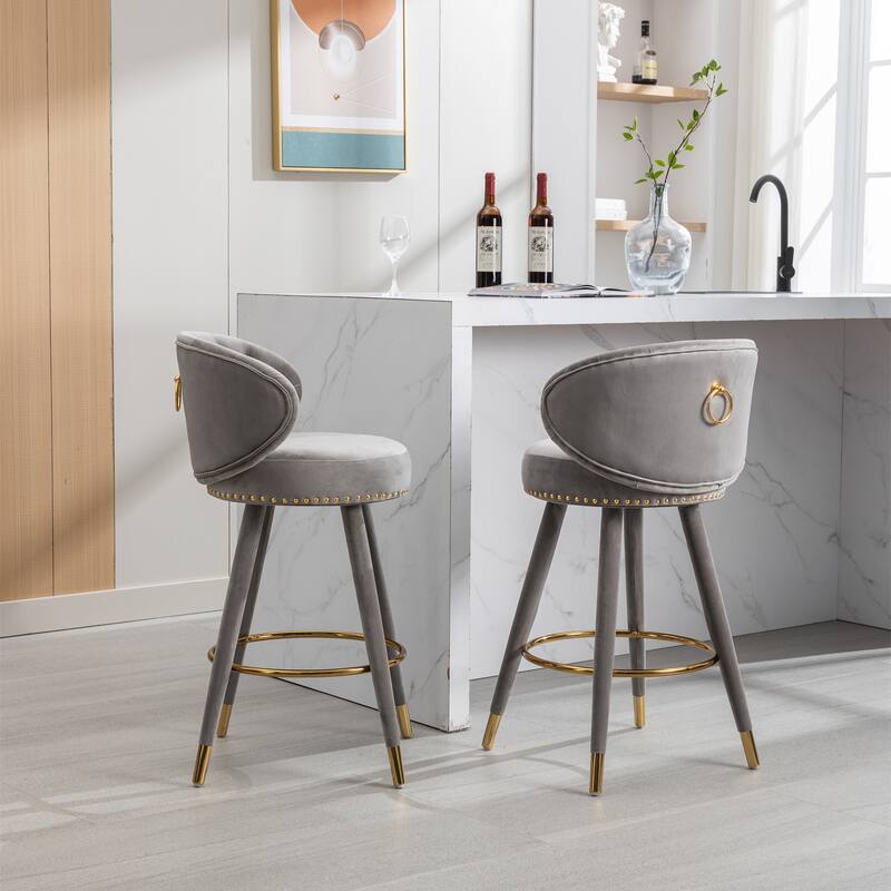 Set of 2 Counter Height Velvet Bar Stools with Solid Wood Legs