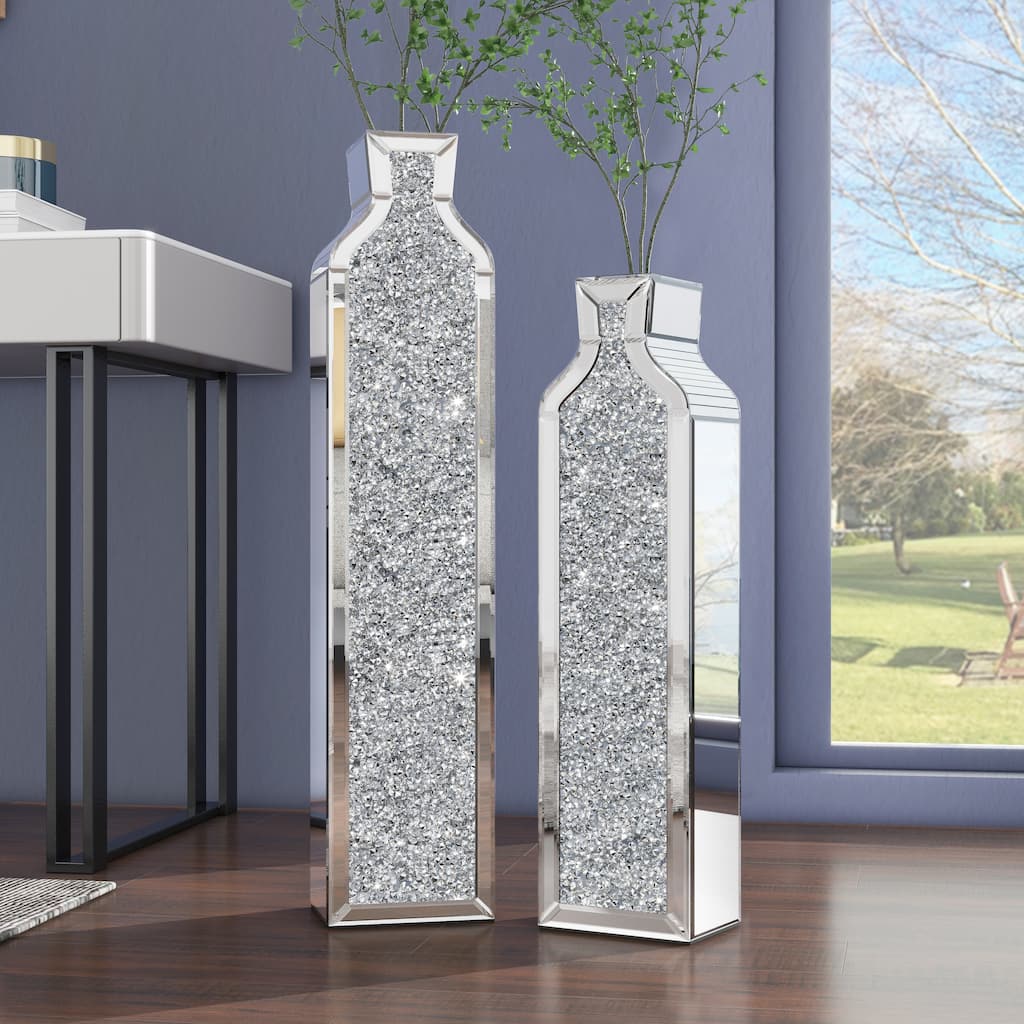 Tall Crushed Diamond Mirrored Floor Vases,Set of 2