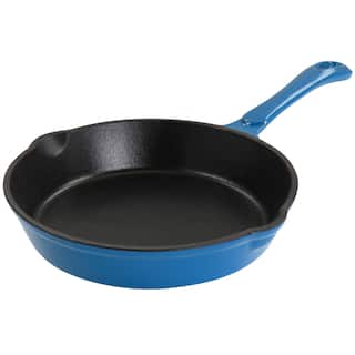 8 Inch Round PreSeasoned Dual Pour Spout Enameled Cast Iron Frying Pan in Ocean Blue
