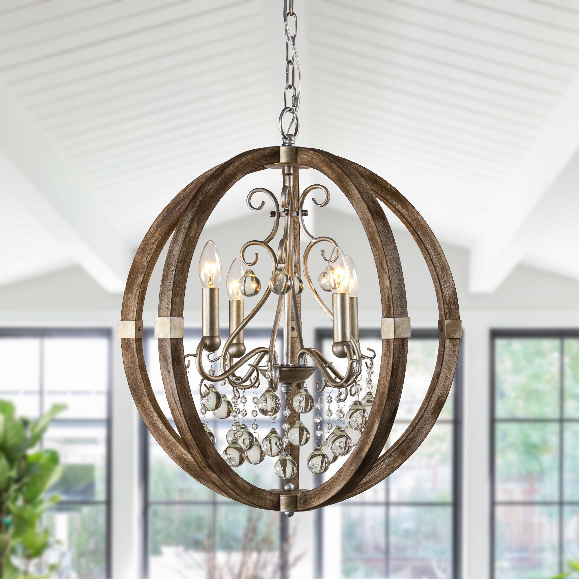 21" Weathered Wooden 4-Light Crystal Orb Foyer Chandelier Light