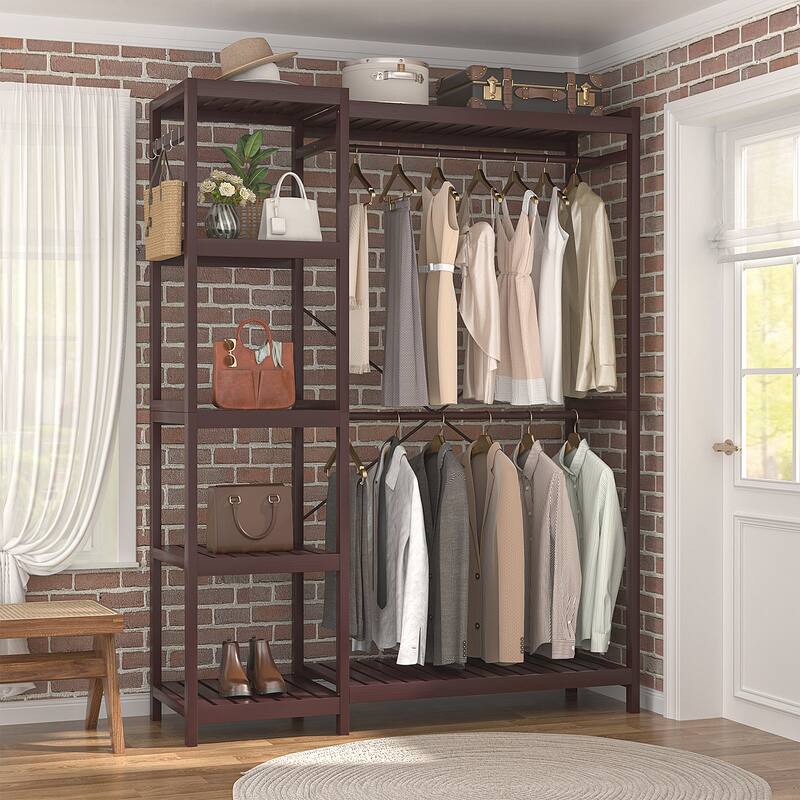 Bamboo Closet System Clothes Rack, Large Freestanding Garment Rack Clothing Rack for Hanging Clothes
