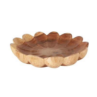 Teak Wood Floral Handmade Decorative Bowl with Light Brown Tones - Brown - Roche River Decor - 17"W x 17"L x 4"H