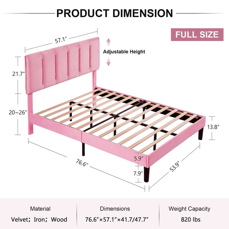 VECELO Pink Tufted Upholstered Platform Bed Frame with Adjustable Height Headboard Twin/Full/Queen Size Beds