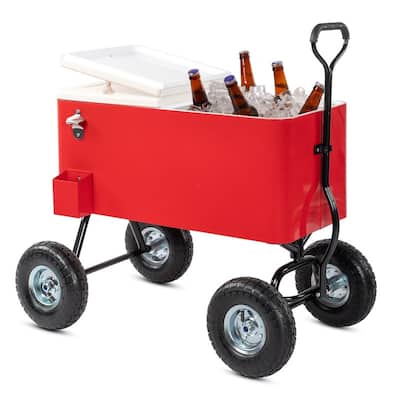 80QT Rectangular Milky White Lid and Red Basin Refrigerated Insulation Cart Rolling Cooler - N/A