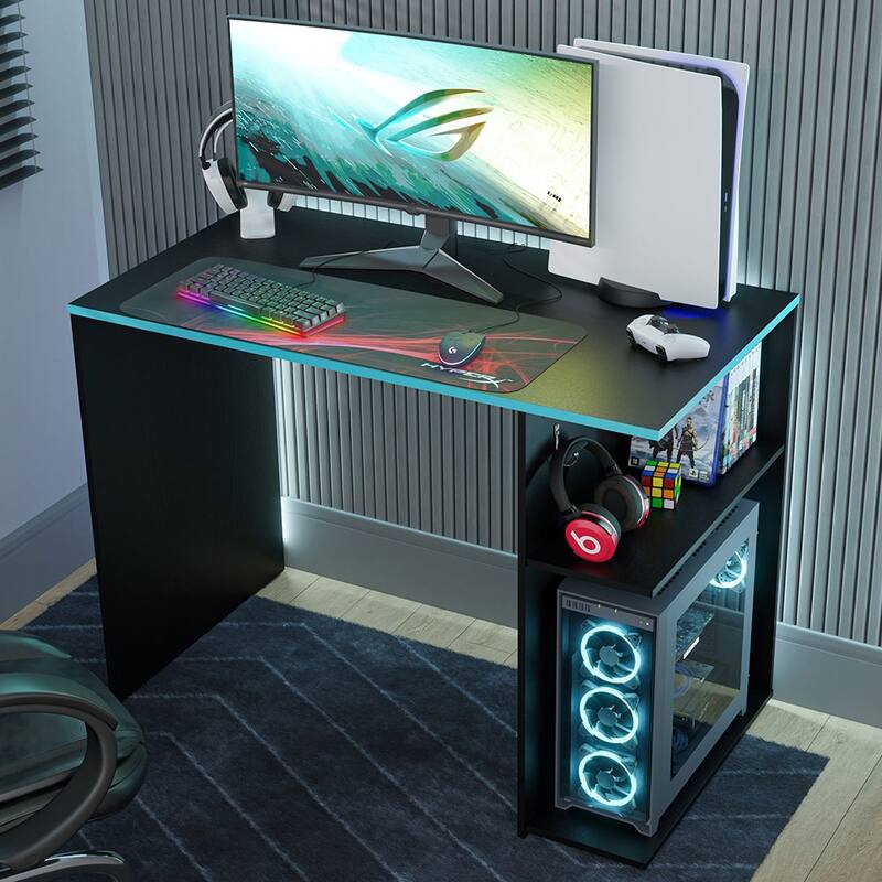 Madesa Gaming Computer Desk with 2 Shelves, Cable Management and Large Monitor Stand, Wood, 21" D x 39" W x 30" H - White