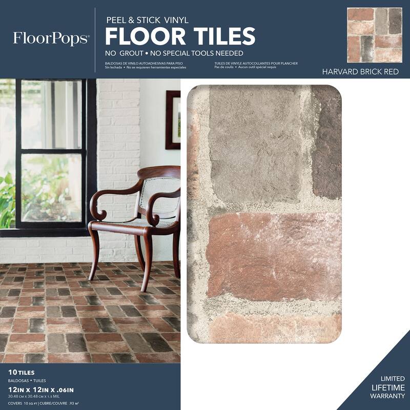 FloorPops Harvard Brick Red Peel & Stick Floor Tiles