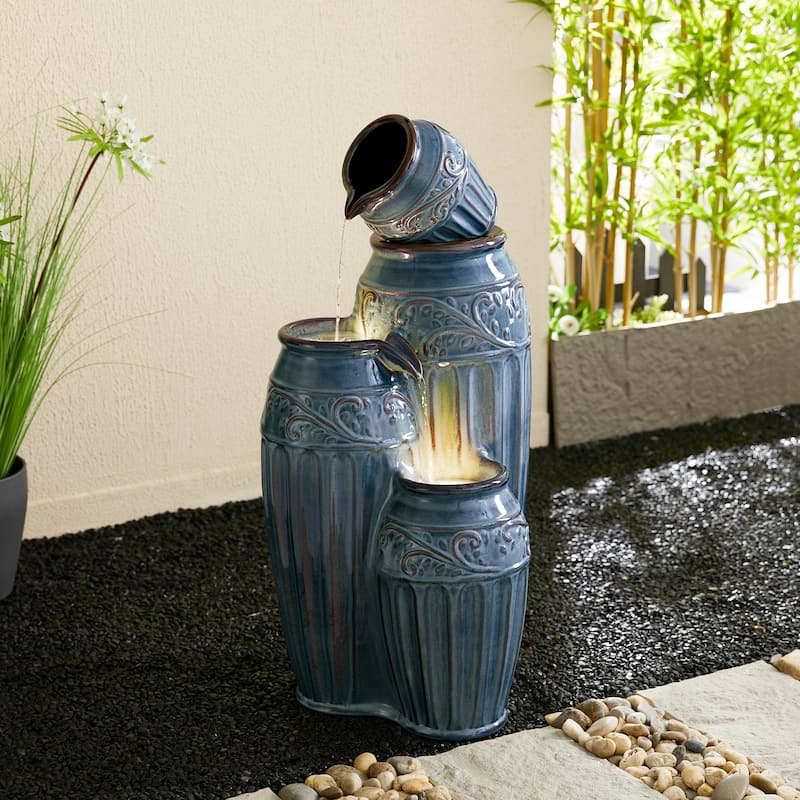 Glitzhome 27"H/35"H 4-Tier Embossed Pattern LED Ceramic Pots Fountain - Green - 35.5"H