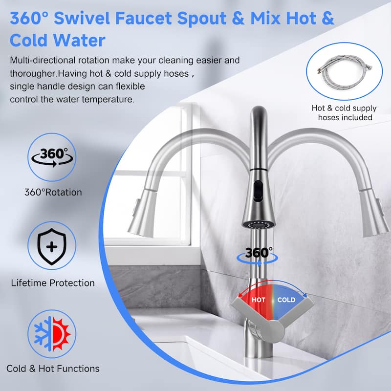 CB HOME Gold/Black/Sliver Kitchen Faucet, 17'' Kitchen Sink Faucet, Faucet for Kitchen Sink with Pull Down Sprayer, Two Function