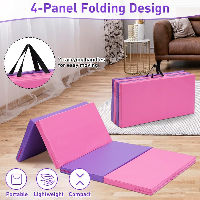 Zenova Gymnastics Mat 6' x 3' x 2" Four Fold Folding Exercise Mat with Carrying Handles - Pink+Purple