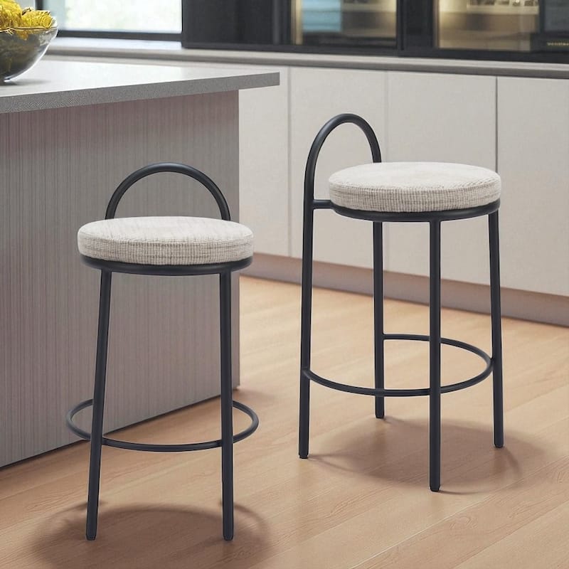 HomeRoots Set of Two 26" Beige and Black Chenille and Steel Low Back Counter Height Bar Chairs - Counter Height - Beige - Set of 2