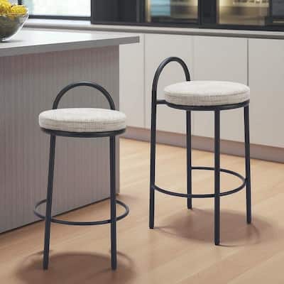HomeRoots Set of Two 26" Beige and Black Chenille and Steel Low Back Counter Height Bar Chairs