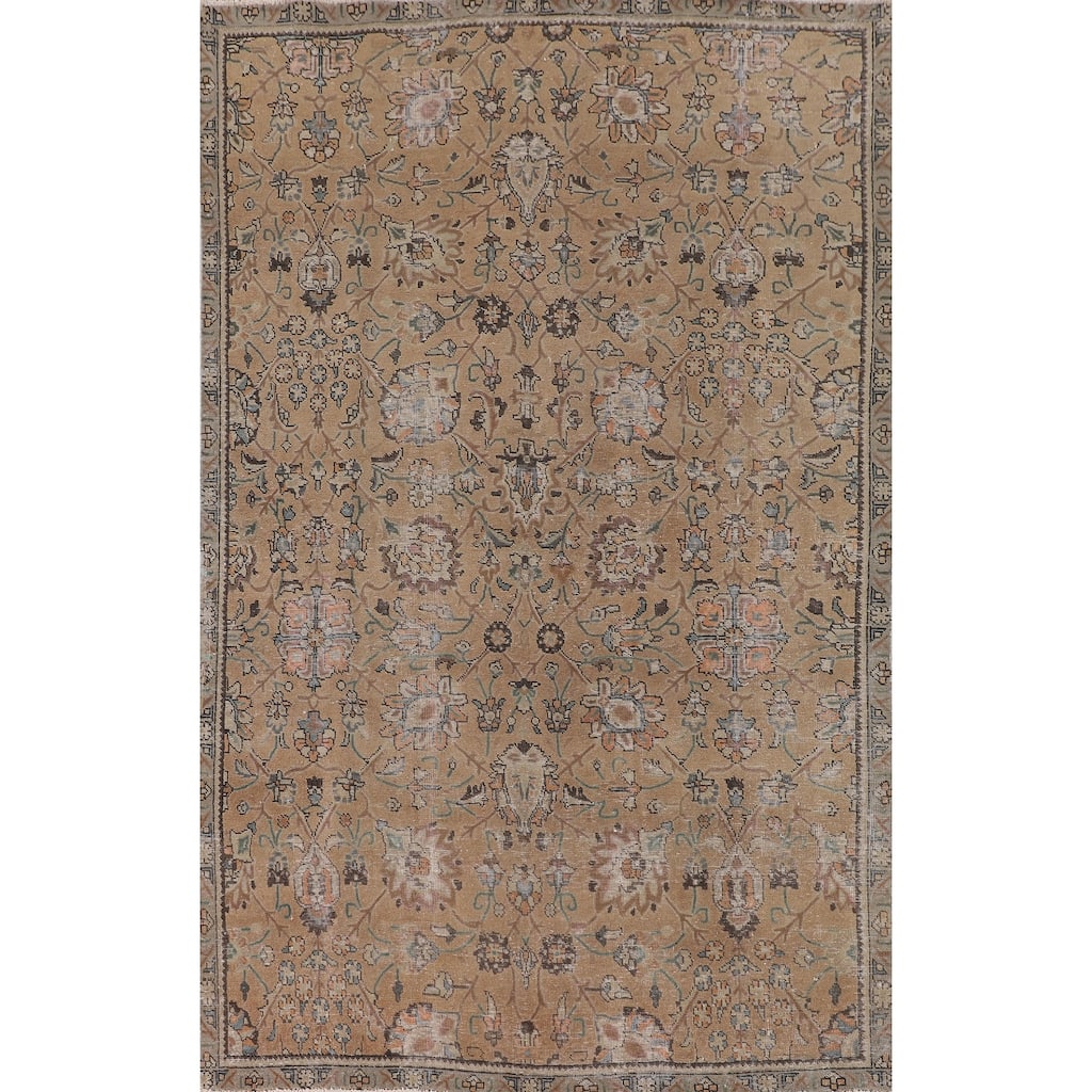Distressed Floral Tabriz Persian Vintage Rug Hand-Knotted Wool Carpet - 6'1"x 9'7"