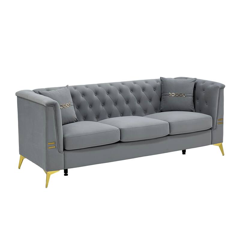Modern Tufted Velvet Sofa, 82.67" Mid-Century 3-Seater Couch with Gold Metal Legs & Pillows, Elegant Chesterfield-Style Sofa