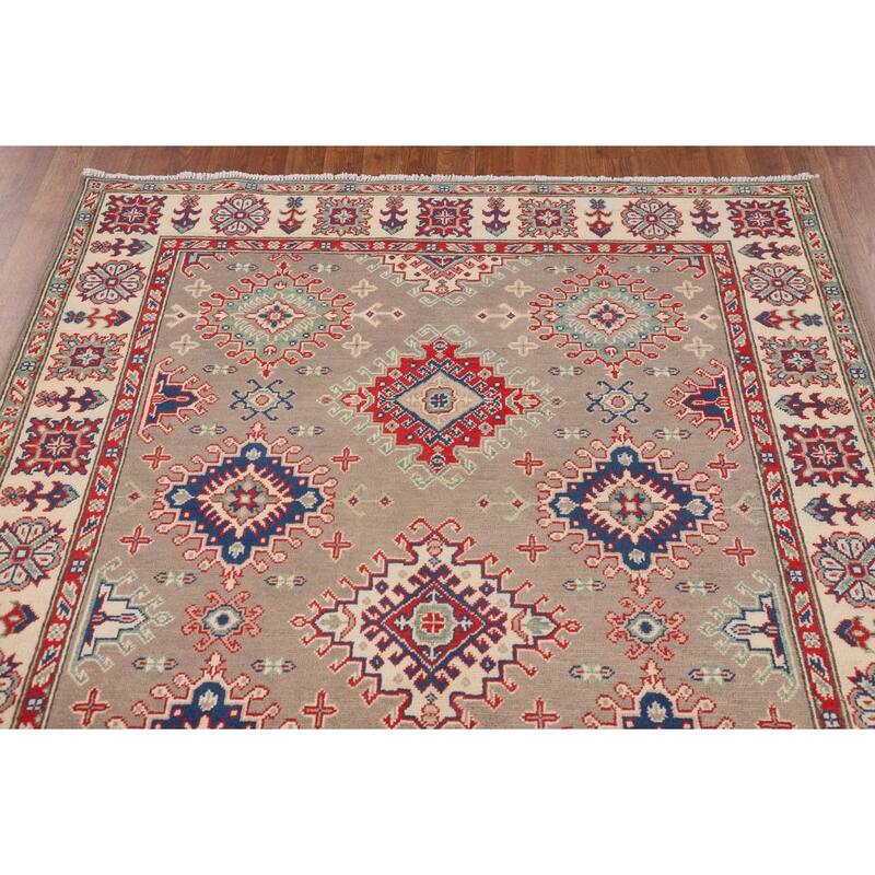 Geometric Kazak Oriental Area Rug Hand-Knotted Traditional Wool Carpet - 5'0" x 6'9"