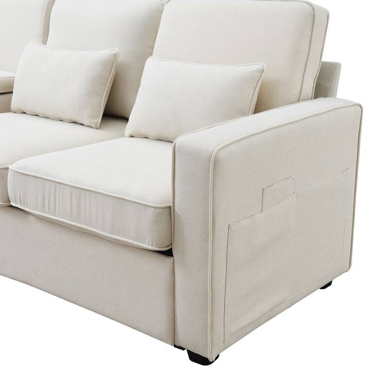 104" 4-Seater Modern Linen Fabric Sofa with Armrest Pockets and 4 Pillows