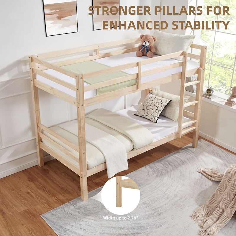 Twin over Twin Wooden Bunk Bed,High Guardrail,Ladder,Kids Teens,Dorm