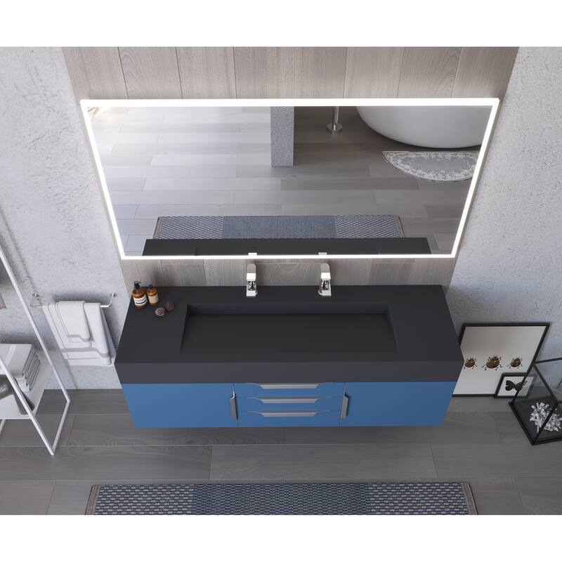 Nile 60" Wall Mounted Bathroom Vanity Set w/ Black Top