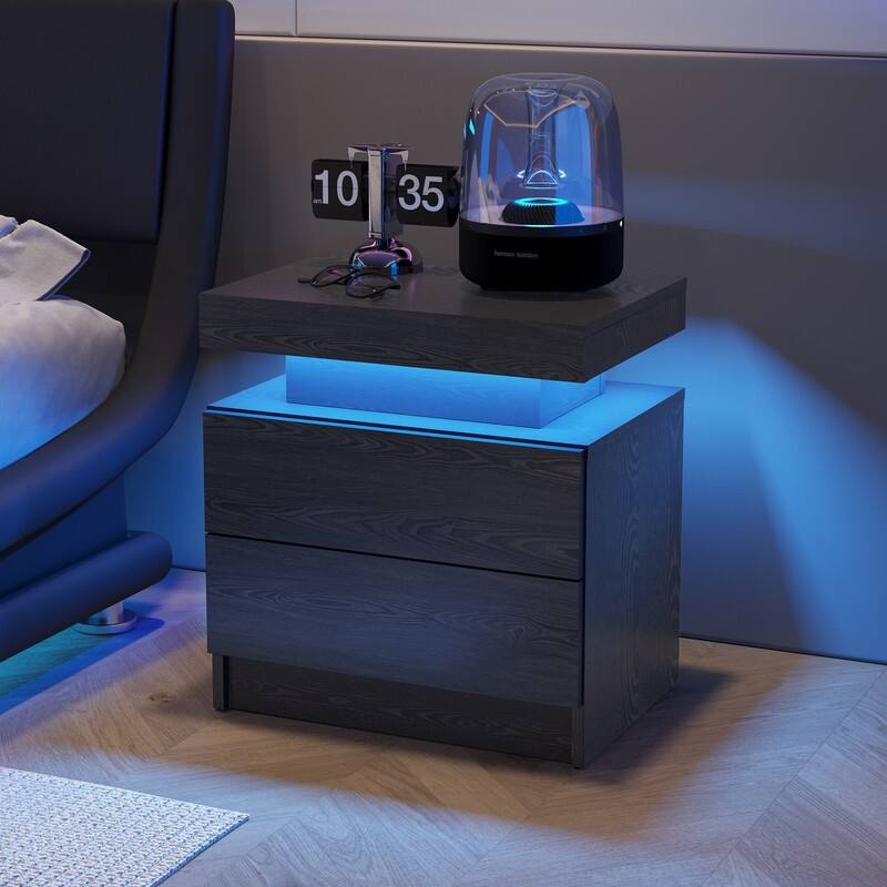 Nightstand LED Bedside Table Cabinet Lights Modern End Side with 2 Drawers for Bedroom