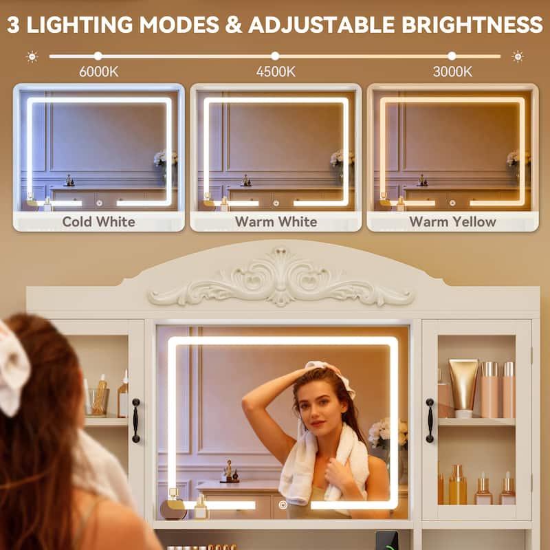 Moasis Modern 5-Drawer Makeup Vanity Table With Exquisite Carved and Built-in Charging Station