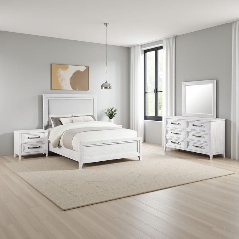Leva 4pc Queen Bed Set with Dresser and Mirror, Distressed White