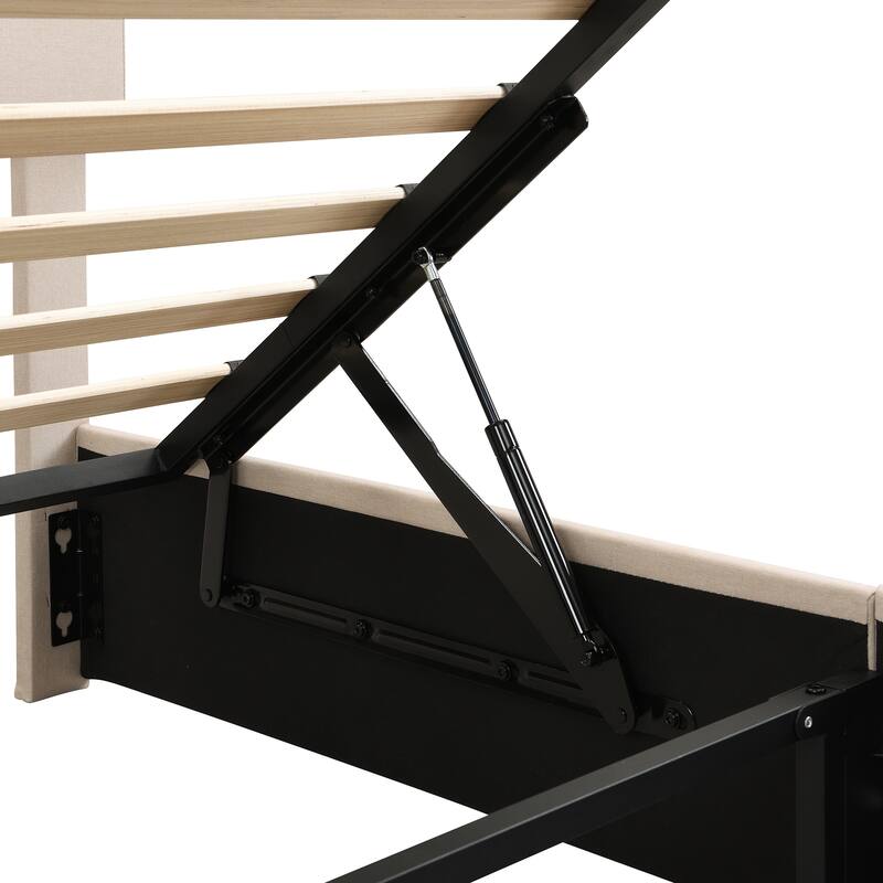 Hydraulic Lift Up Storage Bed, Linen Upholstered Platform Bed Frame with Vertical Panel Headboard, Wooden Slat Support