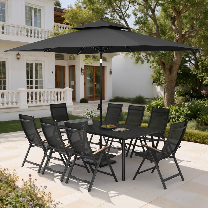 11PC Outdoor Patio Dining Set Aluminum Table with Folding Armchairs w/ Market Umbrella Sets - BlackTable&BlackChairs&BlackUmbrella
