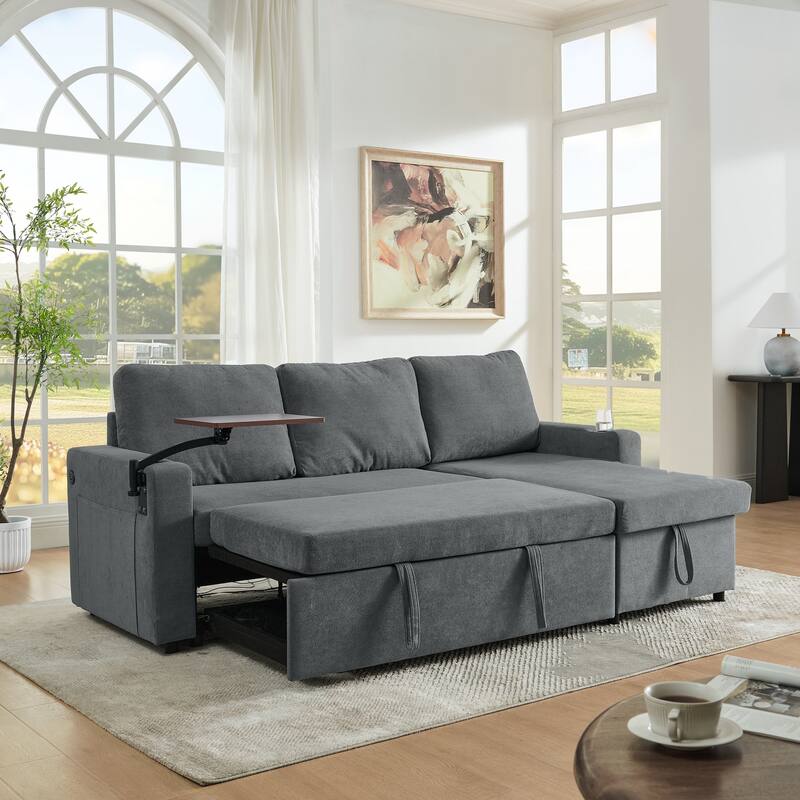 Modern Chenille Multi-functional Pull-Out Bed Sofa with Retractable Table and LED Lighting