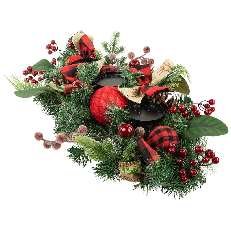 30" Green Pine Triple Candle Holder with Bows and Plaid Christmas Ornaments