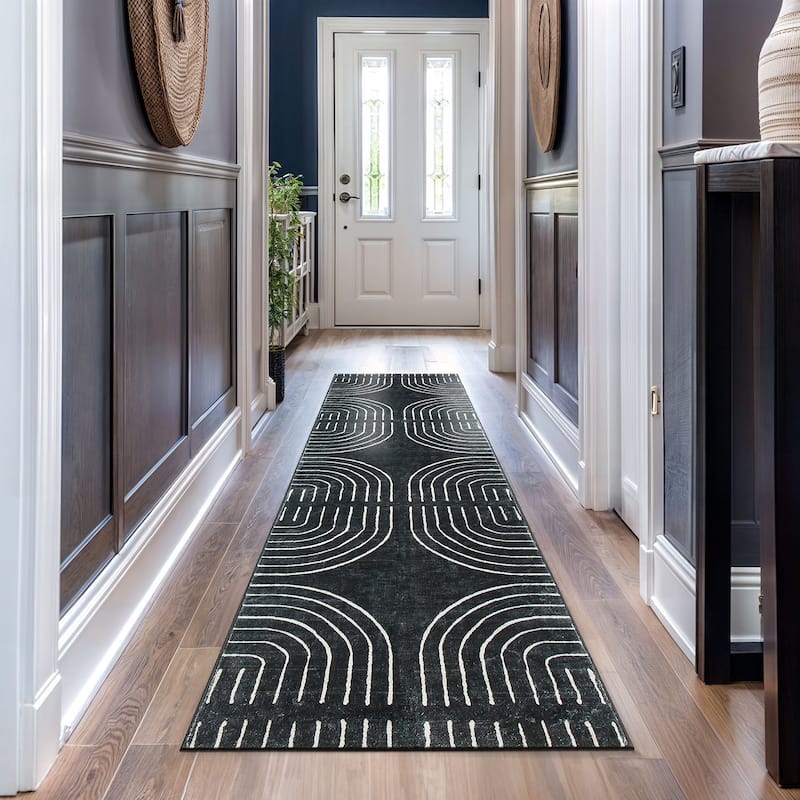 World Rug Gallery Bohemian Lines Washable Non Slip Area Rugs - Black - 2'x10' Runner