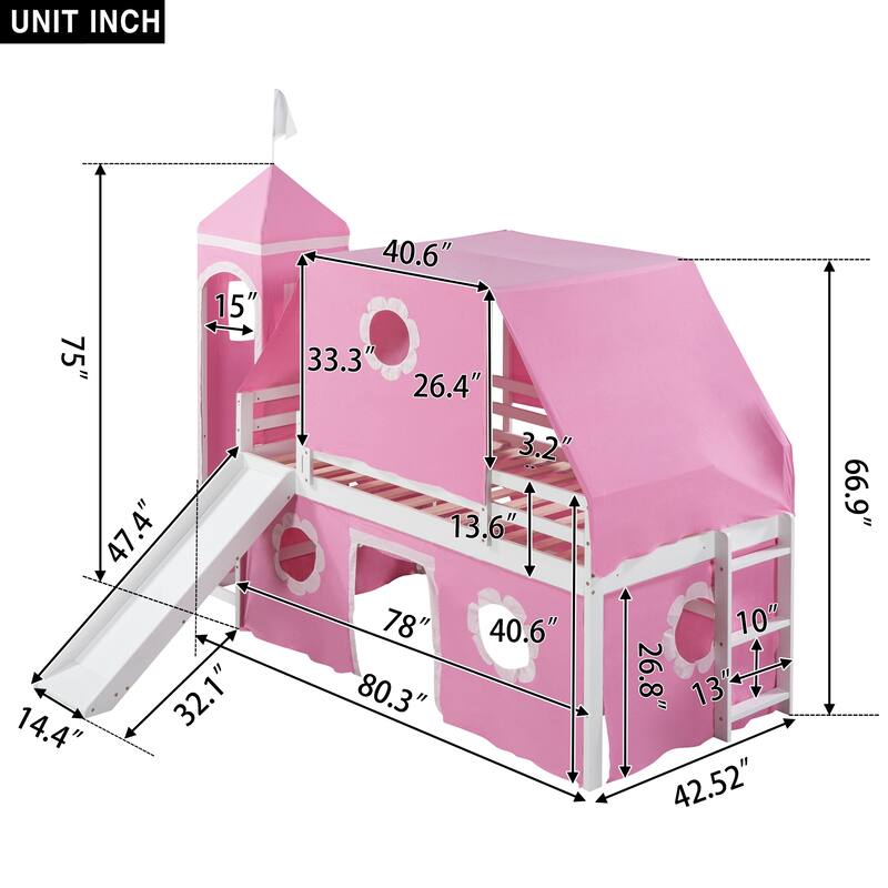 Pink Pine Wood Castle-Inspired Bunk Bed with Slide and Ladder, Tent