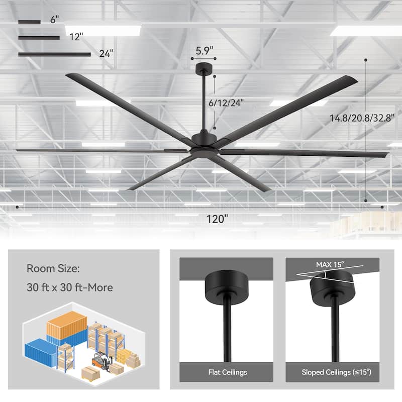 96"/120" HVLS Industrial Ceiling Fan Ceiling Fan without Light with Remote (6/8-Aluminum Blades)