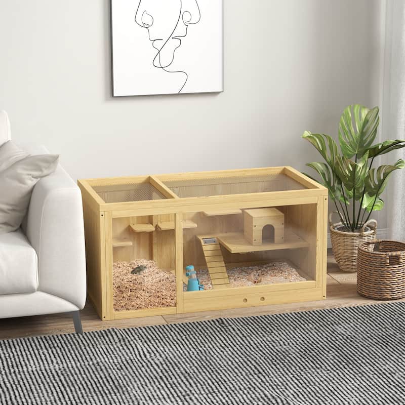 Natural Fir Wood Dwarf Hamster Cage with and Removable Tray Seesaw and Water Dispenser - 39.25" L x 19.75" W x 19.75" H