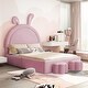 preview thumbnail 35 of 42, Upholstered Rabbit-Shape Bed Frame with 2 Storage Stools, Twin/Full Size elvet Platform Bed with Cartoon Ears Shaped Headboard Pink - Full