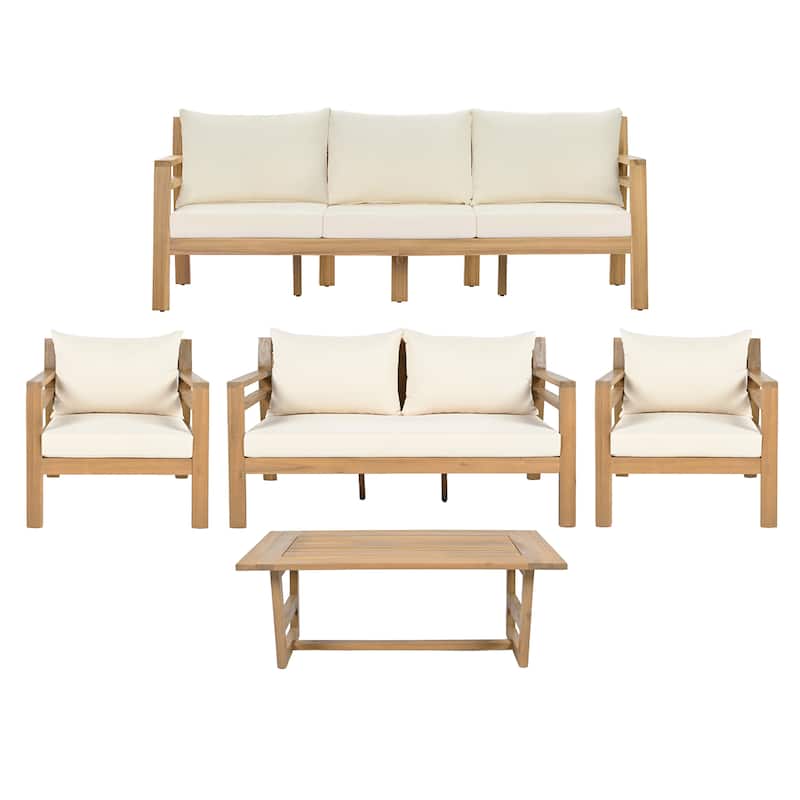 Christopher Knight Home - Outdoor 5-Piece Wooden Patio Conversation Set with Cushions and Coffee Table