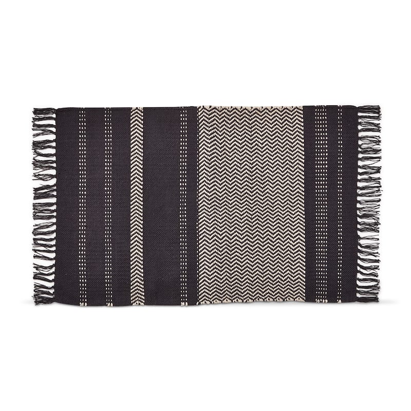 Mason Chevron Black Stripe with Tassels Cotton Indoor Rug, Machine Washable,24L x 36W inches - 24 x 36