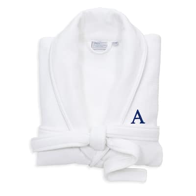 Authentic Hotel and Spa White Unisex Turkish Cotton Waffle Weave Terry Bath Robe with Navy Block Monogram