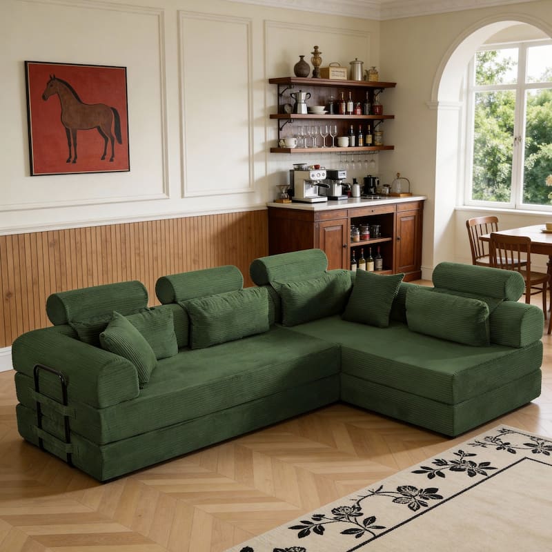 106.3" L-Shaped Corduroy Sectional Sofa with Pillows, No Assembly Required - Green