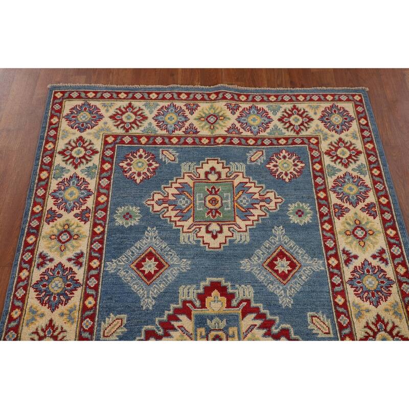 Geometric Kazak Area Rug Hand-Knotted Oriental Blue Wool Carpet - 3'7" x 5'9"