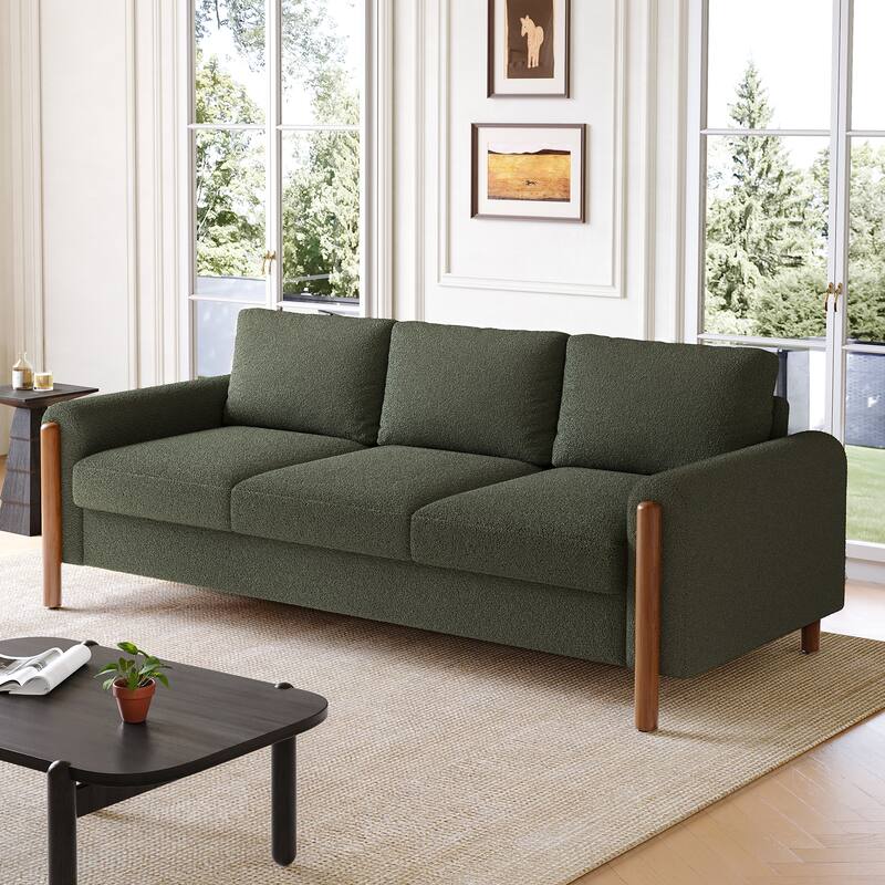 83.86" 3-Seater Sofa, Curved Armrest with Integrated Solid Wood Legs, Teddy Velvet Fabric, High Weight Capacity - Green