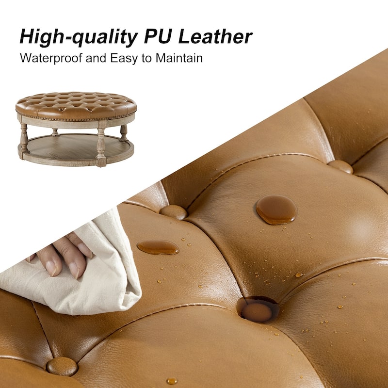 Dulcie Traditional Cocktail Vegan Leather Ottoman with Solid Wood Legs by HULALA HOME